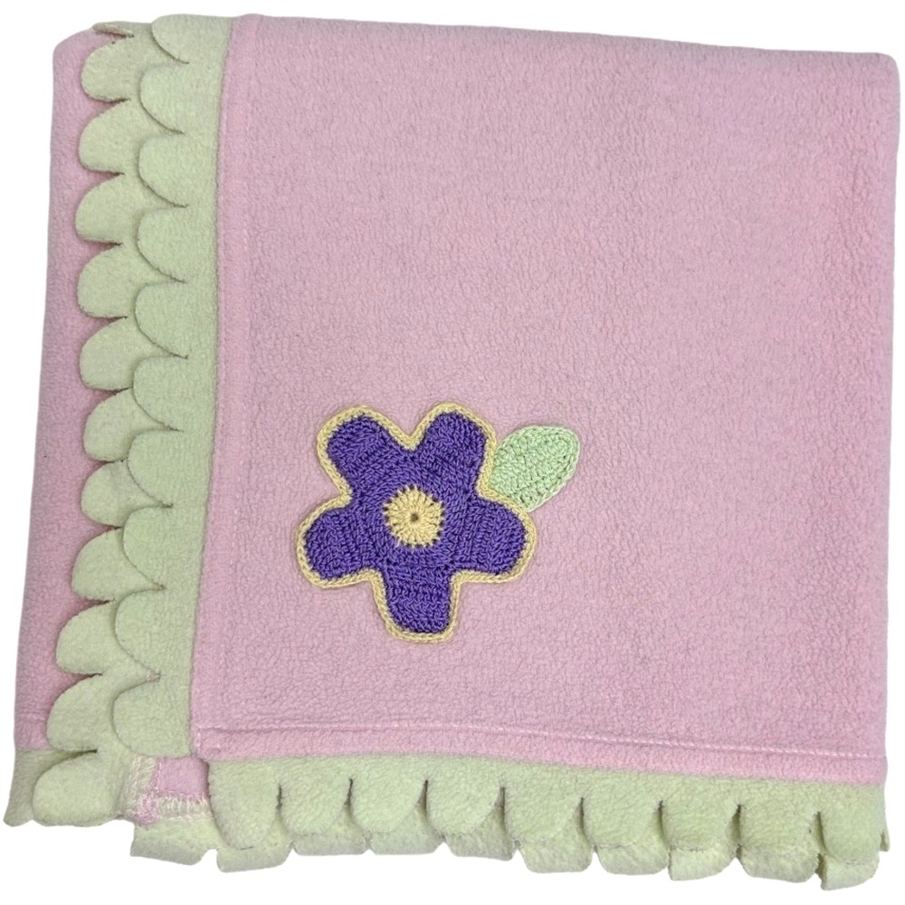Vtg Carter's ? Pink Purple Knit Flower Baby Blanket Green Scalloped Edges Fleece